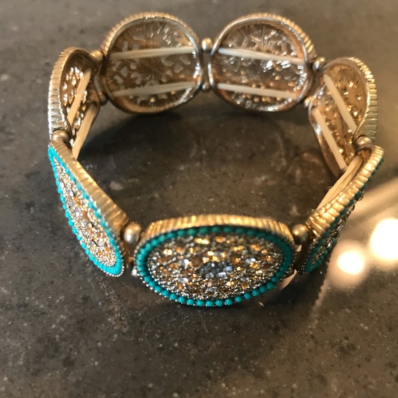 Beautiful gold & teal stretchy bracelet - Picture 2 of 2